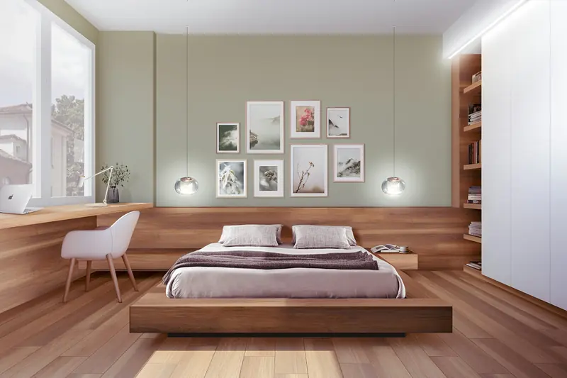 Dormitorio con paredes pintadas en verde suave y cabecero de madera