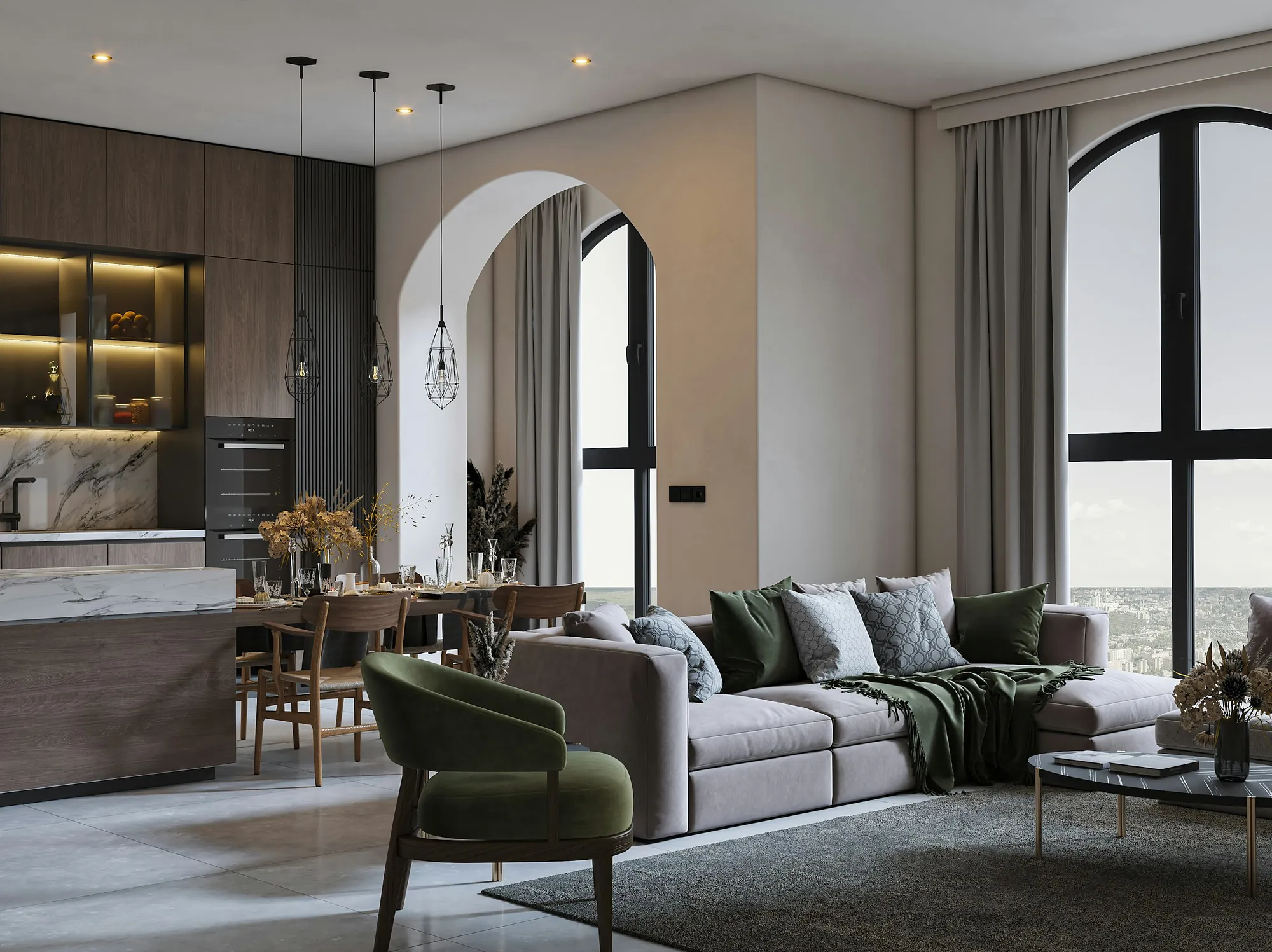 Salón con arco, sofá gris y cocina abierta en madera oscura