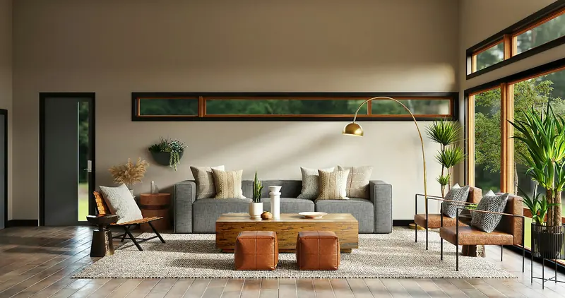 Salón cálido con sofá claro, mesas de madera y alfombra